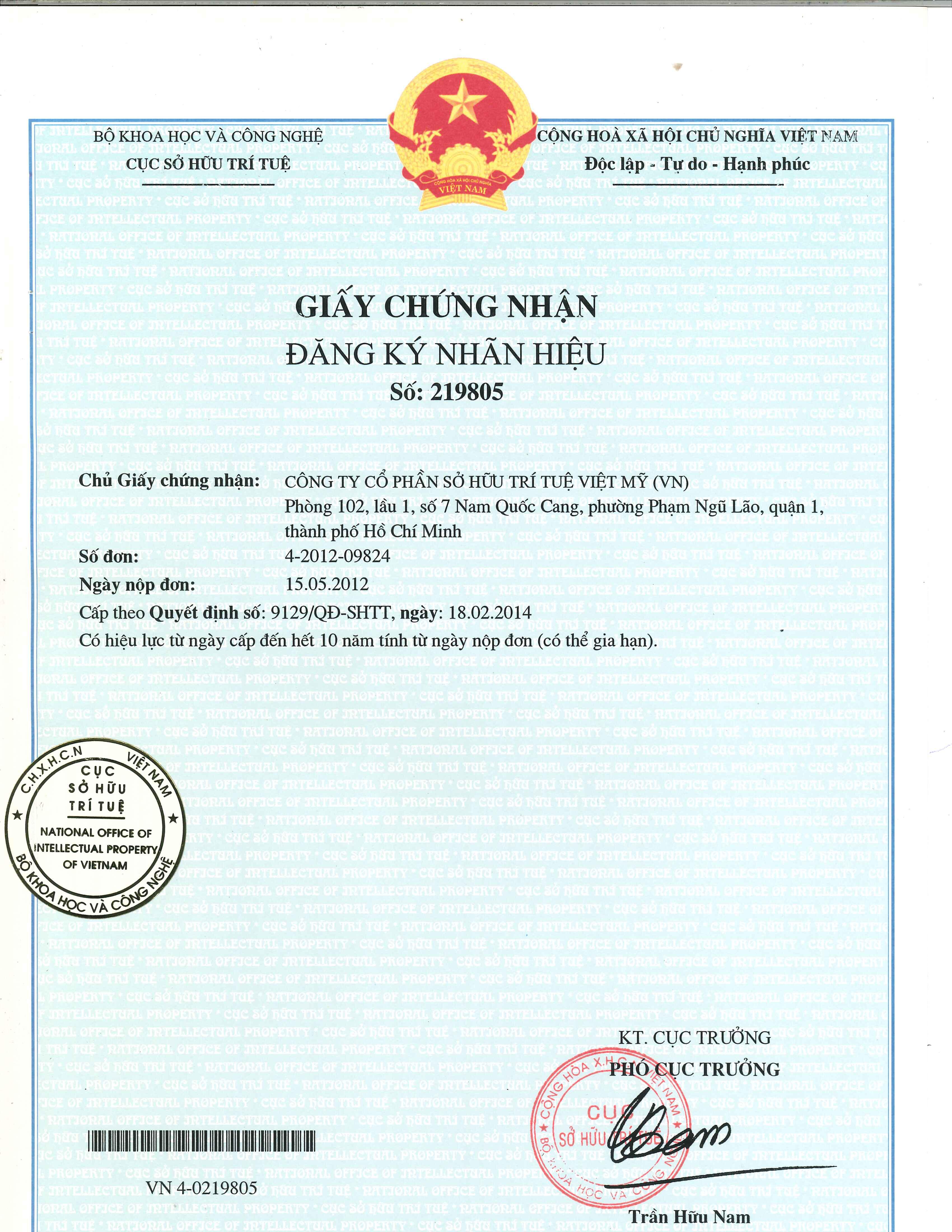 Giấy chứng nhận đăng ký nhãn hiệu số 219805 cấp ngày 18/02/2014